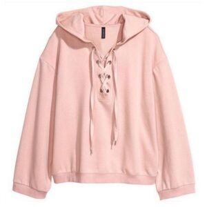 H&M Divided Soft Pink Lace-Up Crop Hooded Sweatshirt Size XS